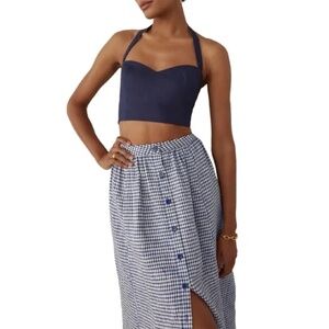 Reformation Orzo Linen Gingham Navy 2-Piece Halter Skirt Set US4 EUC